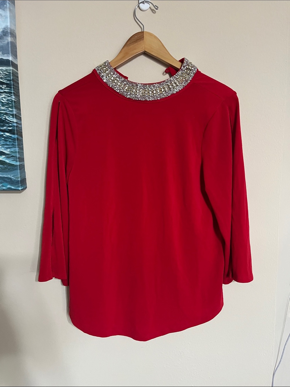 Women's Red Embellished Mock-Neck Blouse